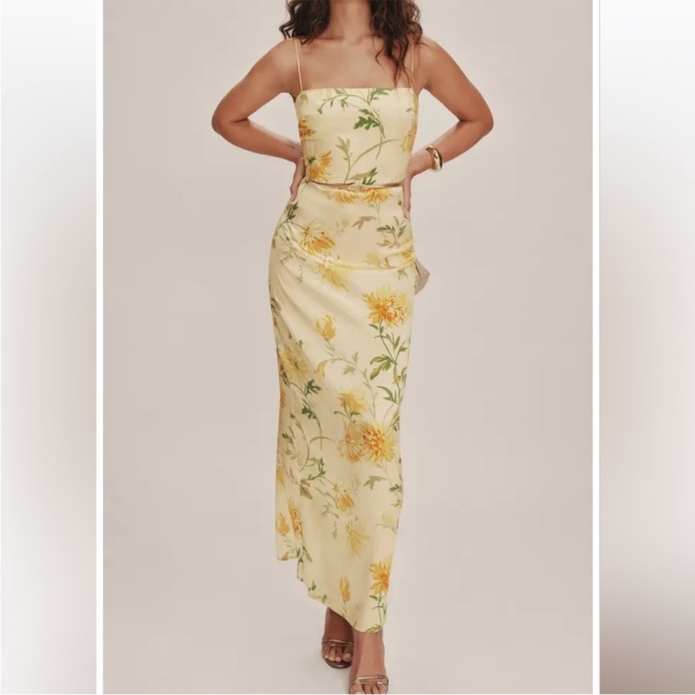 Reformation Frankie Silk Maxi Dress Gown Honeyglow Floral Party Wedding, SIZE 0 - Picture 4 of 12